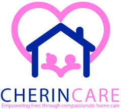 Cherincare logo: a navy house, two figures, and a pink heart. Tagline: Empowering lives through compassionate home care.